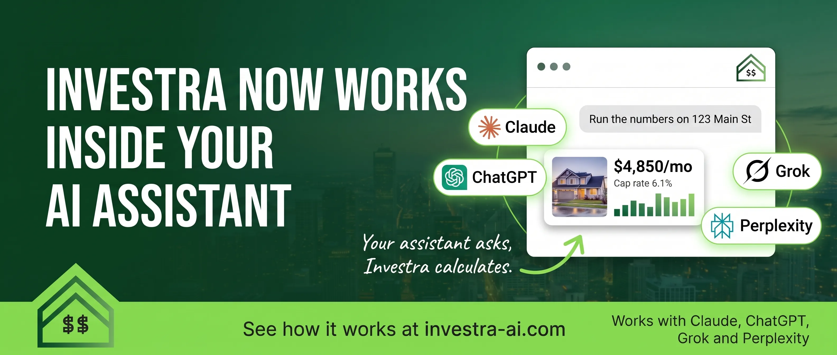 Investra connected to AI assistants Claude, ChatGPT, Grok, and Perplexity, running a real estate investment analysis inside a chat