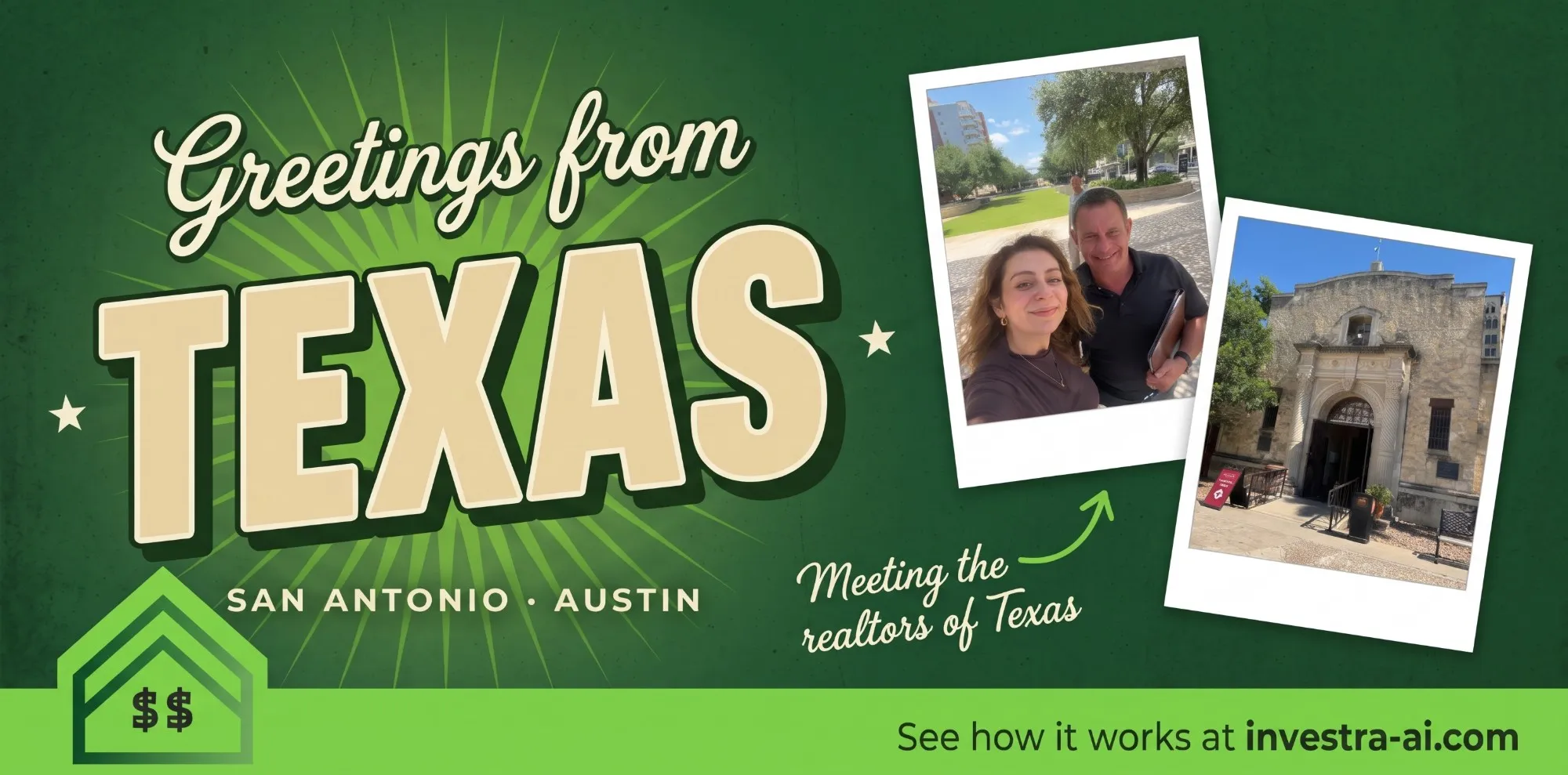 Greetings from Texas postcard from Investra's trip to San Antonio and Austin, with a selfie in Austin and a historic stone building, captioned Meeting the realtors of Texas